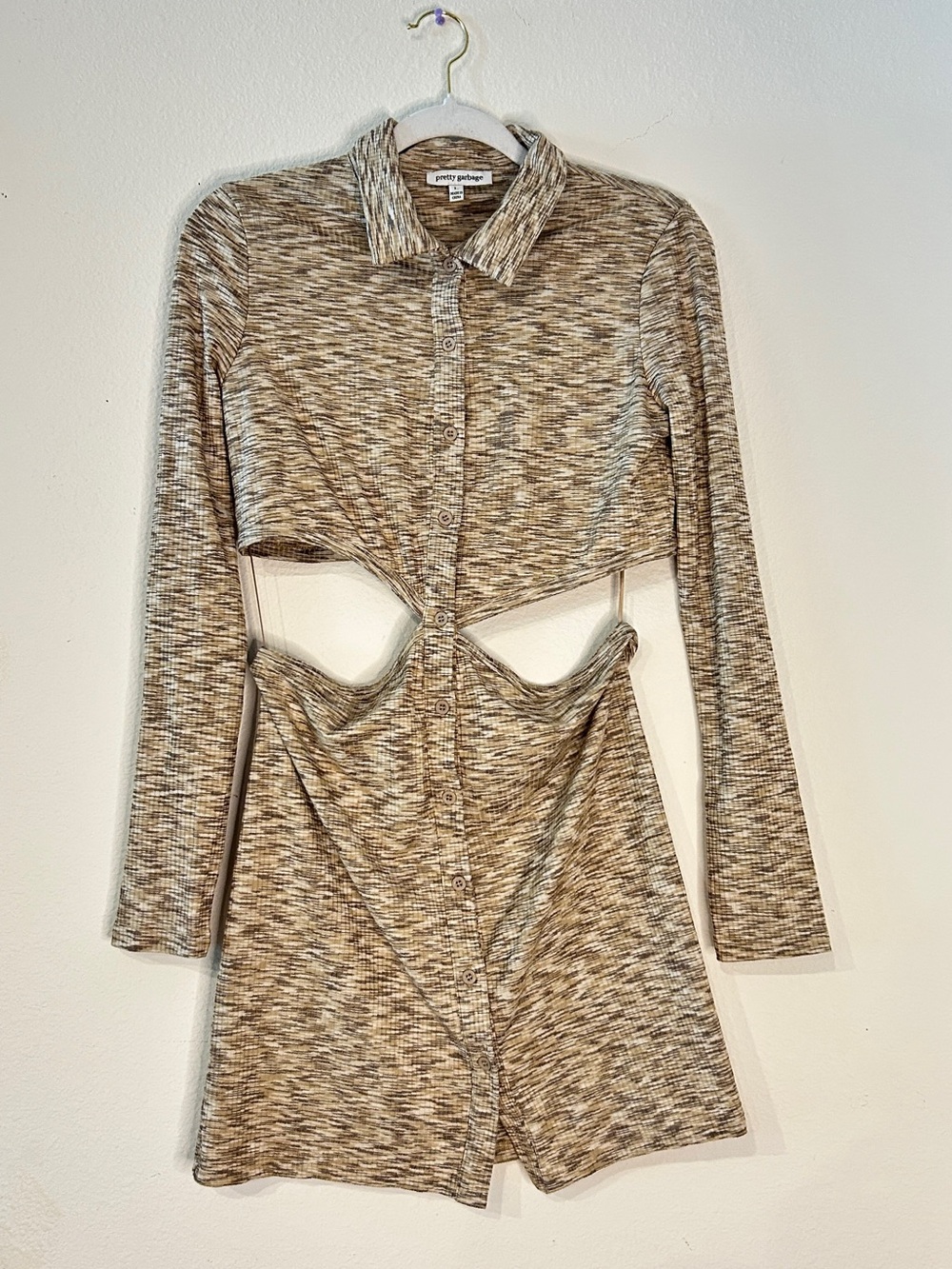 prettylittlething Taupe Cutout Button-Front Knit Dress